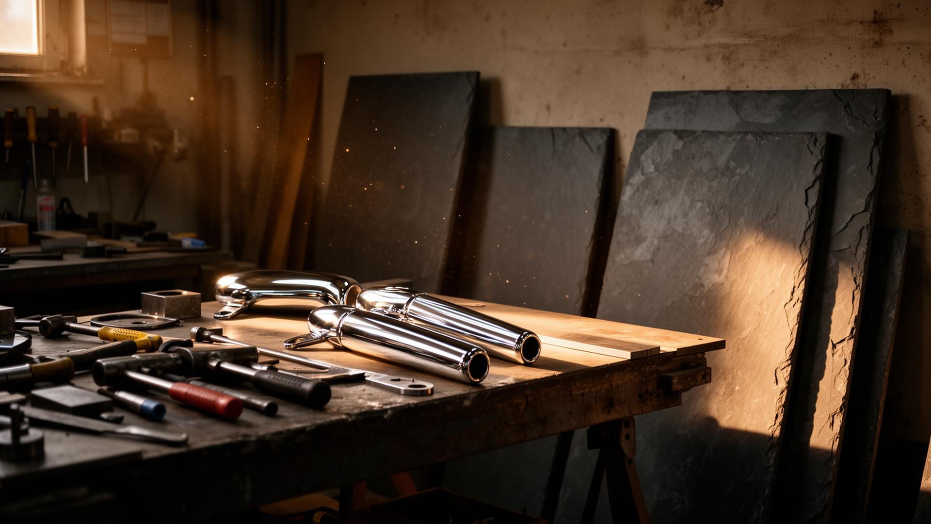 The workshop — slate slabs against the wall and polished pieces on the bench