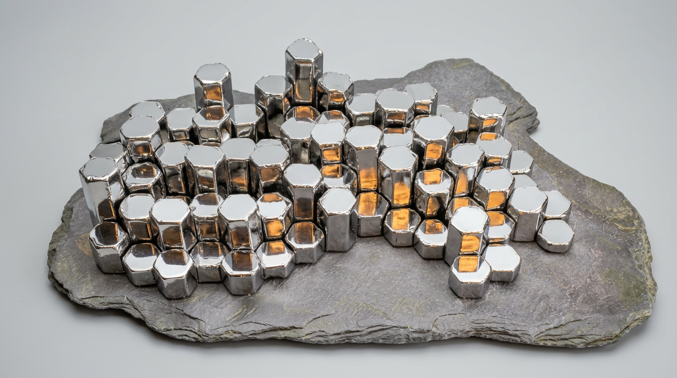 Mirror-chrome sculpture of the Giant's Causeway hexagonal columns on weathered slate